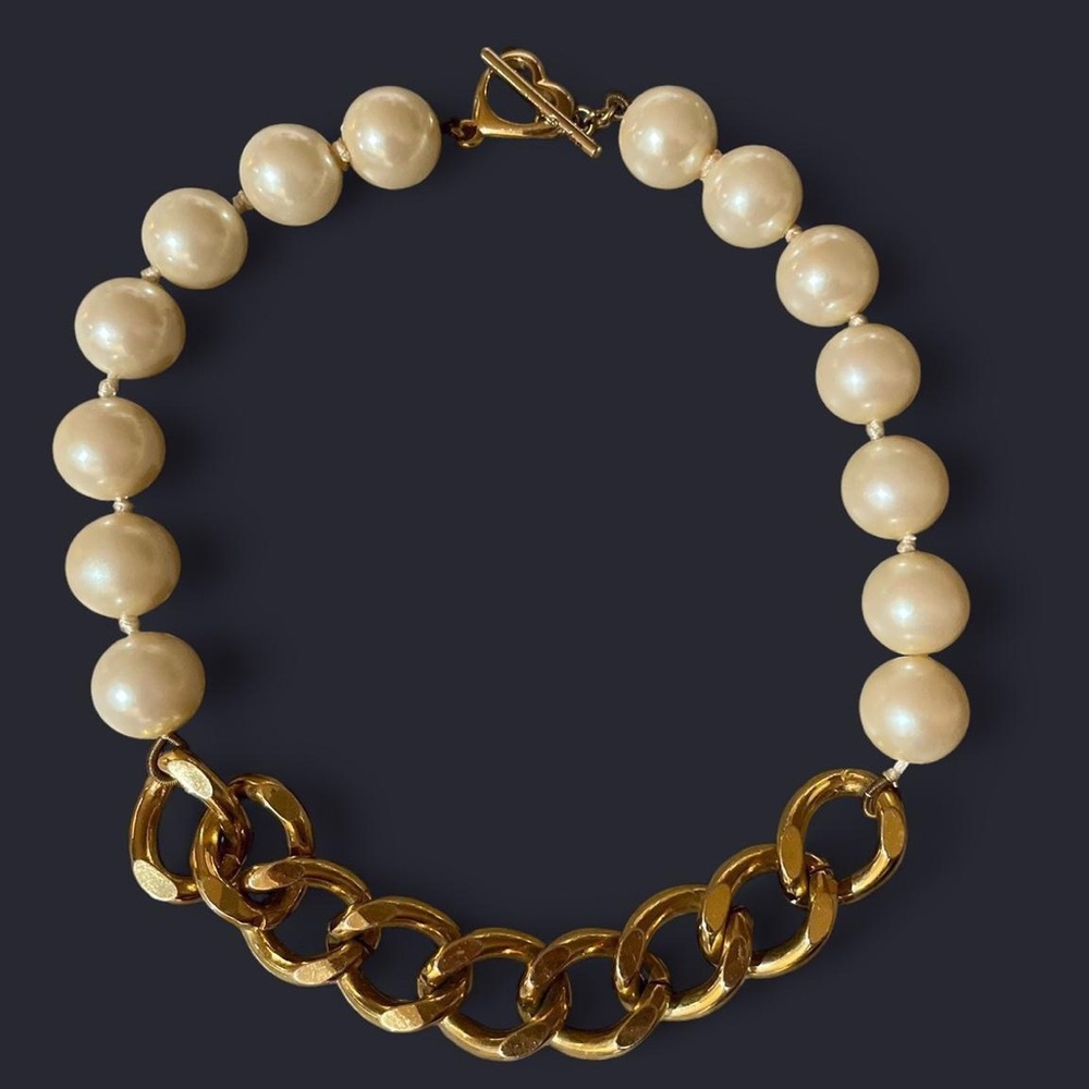 Faux Pearl and Gold Chain Choker with Heart Toggle Clasp